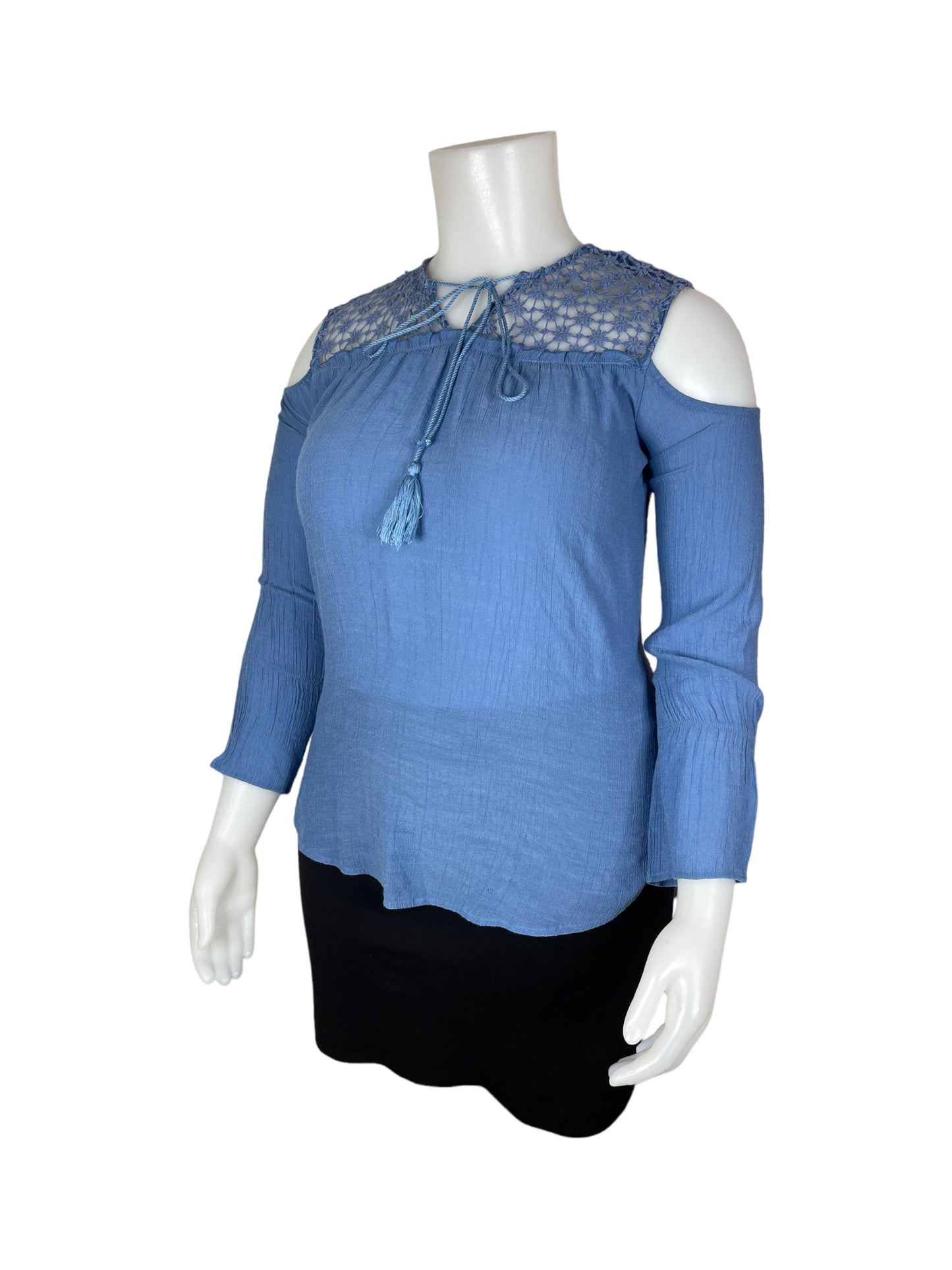"L Love" Blue Shirt with Lacey Daisy Shoulders (L)
