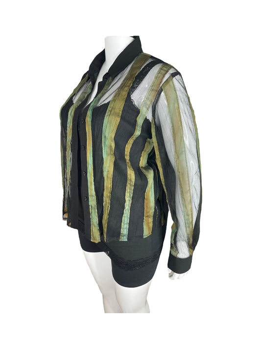 “Hiroko” Black Vintage Mesh and Sheer Green Striped Button Up