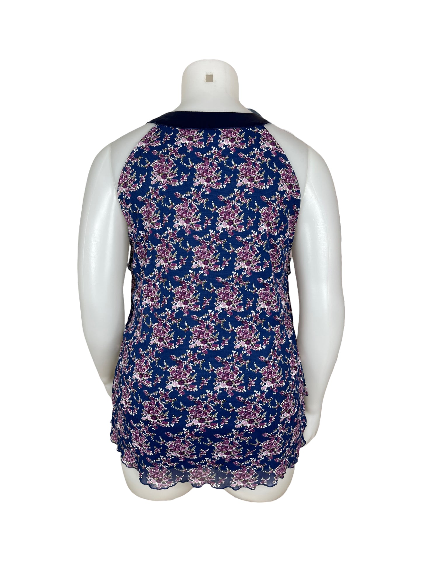 "Pennington's" Blue Sleeveless Frilly Shirt with Purple Floral (X)