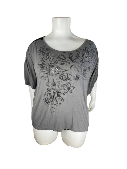 "George" Lace-shouldered Graphic Grey Shirt with Bejeweling (4X)