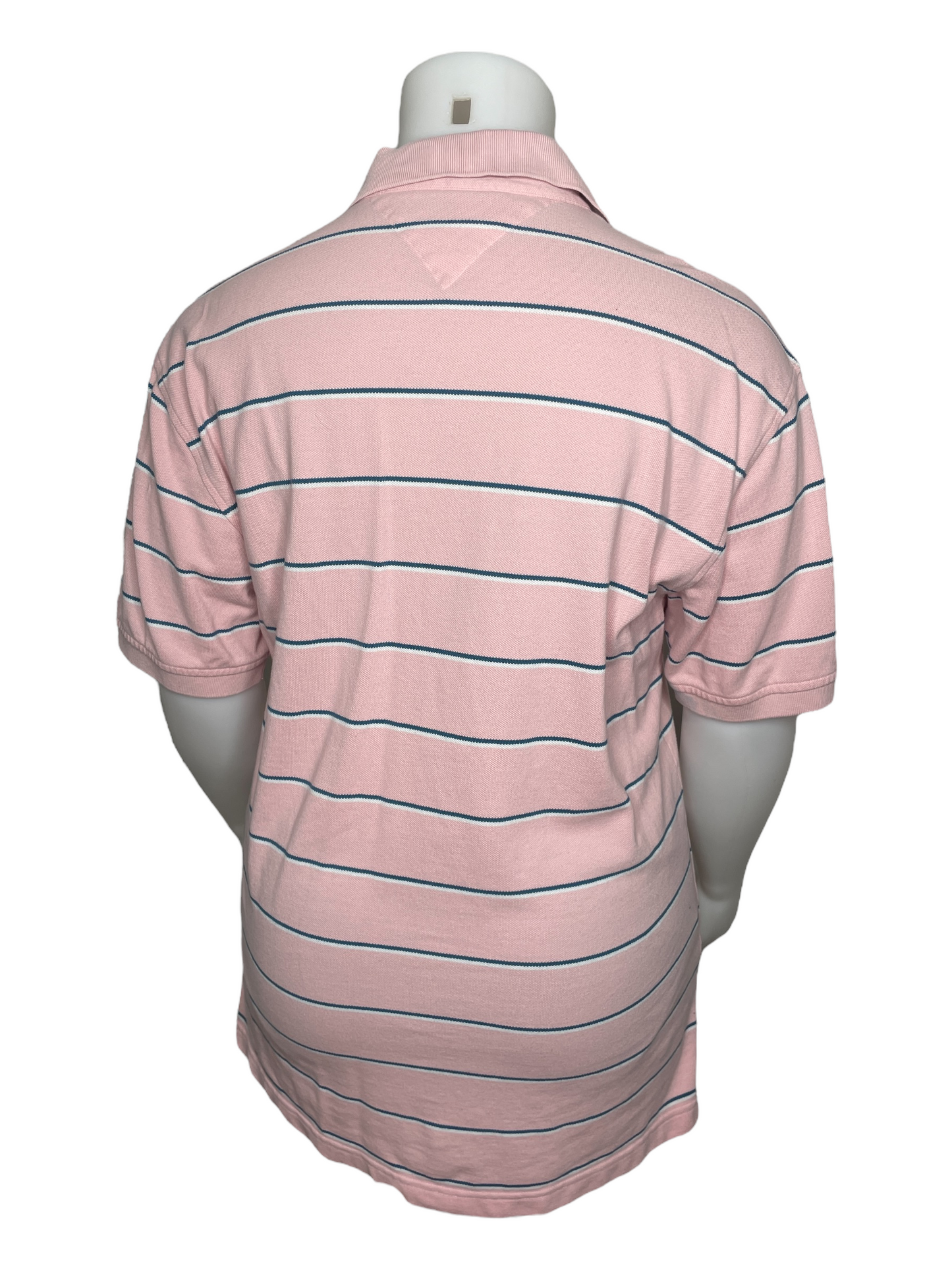 “Tommy Hilfiger” Pink W/ Blue & White Horizontal Stripe Polo Shirt (XL)