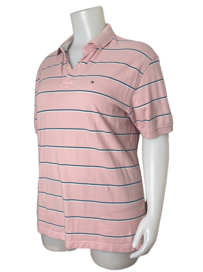 “Tommy Hilfiger” Pink W/ Blue & White Horizontal Stripe Polo Shirt (XL)